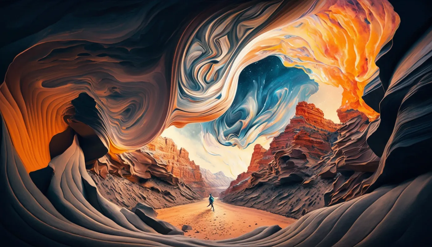Abstract visualization of the flow state journey through twilight landscape